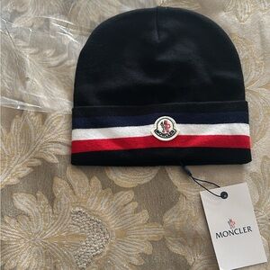 Moncler Black Beanie with Red, White, and Blue Stripes